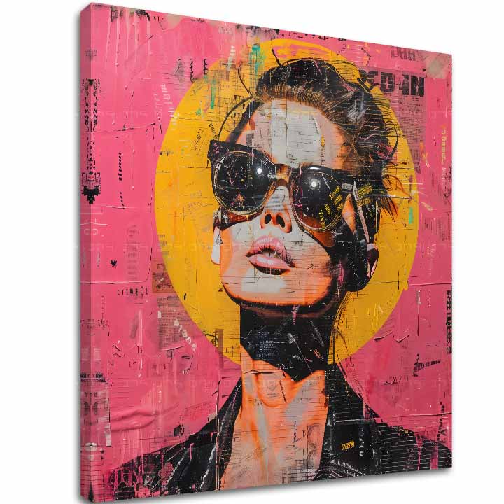 Pop art obraz na plátně s motivem žena, portrét, lidé v oranžovo-růžových odstínech, drzá atmosféra, městský život a popkultura, vhodný do kanceláře – hlavní