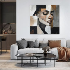 Art deco obraz na plátně s motivem žena, tvář, portrét, lidé v bílo-béžových odstínech, klidná atmosféra, vhodný do obývacího pokoje | Elegantní obraz ženy Magická dokonalosť – produkt