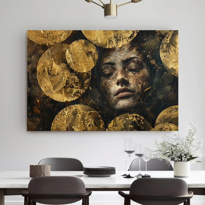 Art deco obraz na plátně s motivem náboženský motiv, lidé v zlato-černých odstínech, duchovnost a sny, vhodný do obývacího pokoje | Elegantní obraz ženy Pod hladinou – produkt, pohled 2