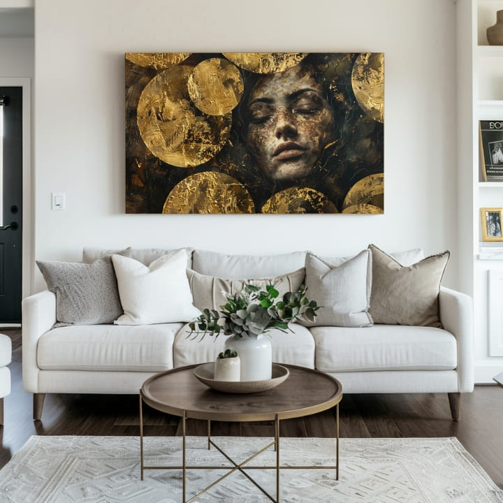 Art deco obraz na plátně s motivem náboženský motiv, lidé v zlato-černých odstínech, duchovnost a sny, vhodný do obývacího pokoje | Elegantní obraz ženy Pod hladinou – produkt