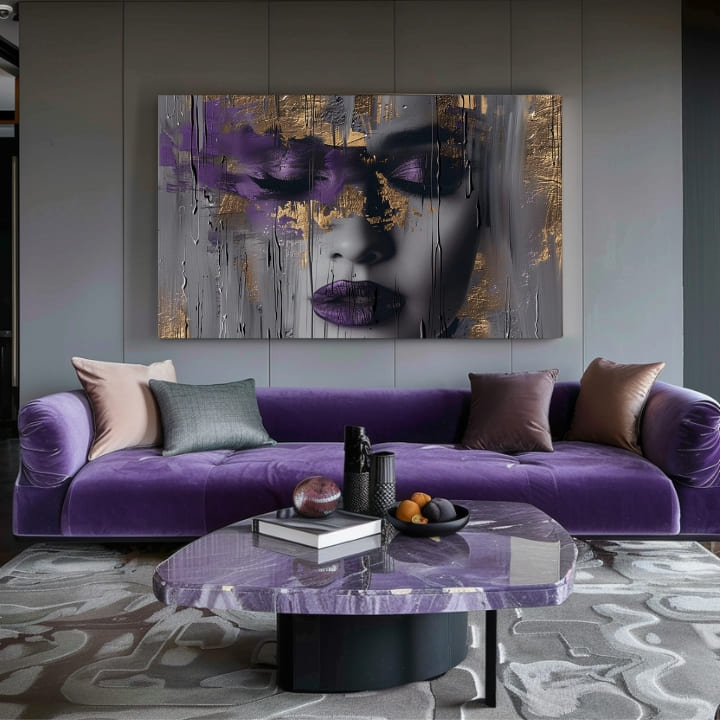 Industriální obraz na plátně s motivem žena, tvář, lidé v fialovo-šedých odstínech, tajemná atmosféra, krása a luxusní dojem, vhodný do obývacího pokoje – produkt
