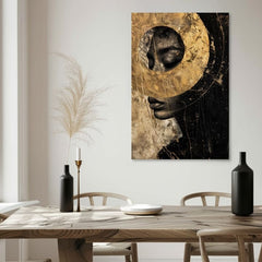 Art deco obraz na plátně s motivem žena, tvář, náboženský motiv v zlato-černých odstínech, tajemná atmosféra, duchovnost, vhodný do obývacího pokoje – produkt, pohled 2