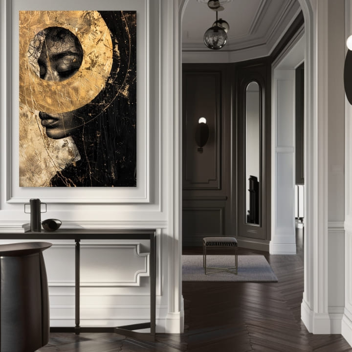 Art deco obraz na plátně s motivem žena, tvář, náboženský motiv v zlato-černých odstínech, tajemná atmosféra, duchovnost, vhodný do obývacího pokoje – produkt