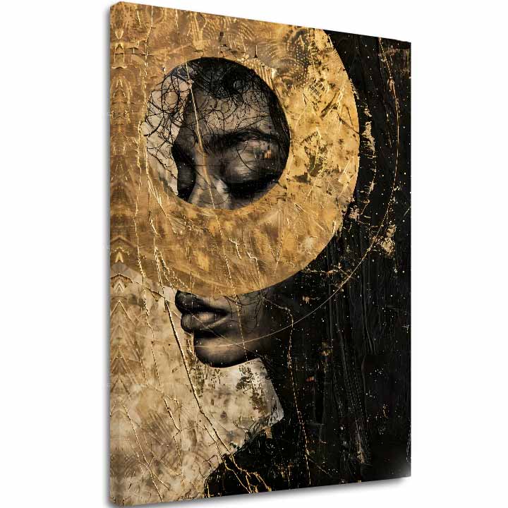 Art deco obraz na plátně s motivem žena, tvář, náboženský motiv v zlato-černých odstínech, tajemná atmosféra, duchovnost, vhodný do obývacího pokoje – hlavní