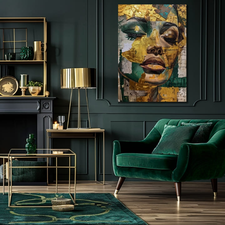 Industriální obraz na plátně s motivem žena, tvář, lidé v béžovo-zelených odstínech, sofistikovaná atmosféra, krása, vhodný do obývacího pokoje | Elegantní obraz ženy Smaragdový sen – produkt, pohled 2