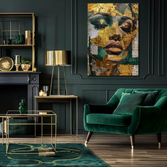 Industriální obraz na plátně s motivem žena, tvář, lidé v béžovo-zelených odstínech, sofistikovaná atmosféra, krása, vhodný do obývacího pokoje | Elegantní obraz ženy Smaragdový sen – produkt, pohled 2