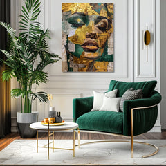 Industriální obraz na plátně s motivem žena, tvář, lidé v béžovo-zelených odstínech, sofistikovaná atmosféra, krása, vhodný do obývacího pokoje | Elegantní obraz ženy Smaragdový sen – produkt