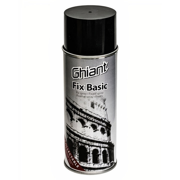 Na plátně je zobrazen sprej Ghian Fix Basic s černým víčkem a šedým tělem, Papilora.