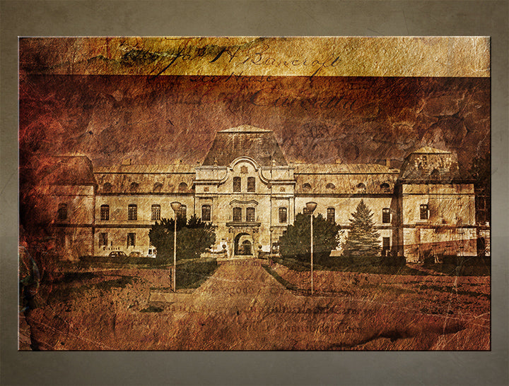 Umělecký tisk starého zámku v hnědých a okrových tónech s patinou, napnutý na dřevěném rámu, Papilora.