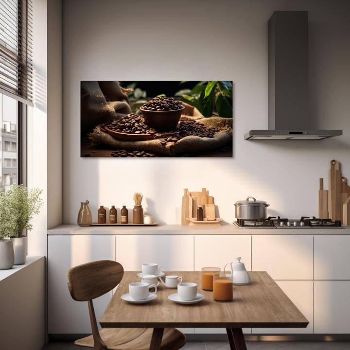 Moderní obraz na plátně s motivem Ranná Arabica, příroda v béžovo-hnědých odstínech, útulná atmosféra, vhodný do kuchyně | Kávové obrazy do kuchyně Ranná Arabica – produkt