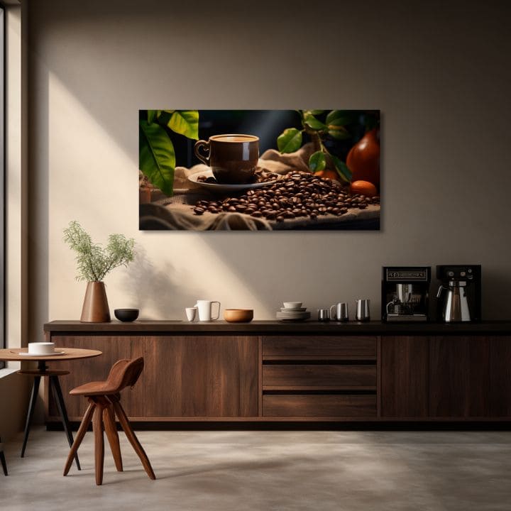Moderní obraz na plátně s motivem Majstrovské Dielo Baristu, šálek kávy, příroda v béžovo-hnědých odstínech, útulná atmosféra, vhodný do kuchyně – produkt, pohled 2