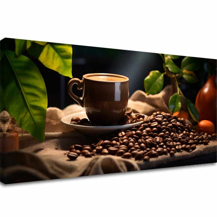 Moderní obraz na plátně s motivem Majstrovské Dielo Baristu, šálek kávy, příroda v béžovo-hnědých odstínech, útulná atmosféra, vhodný do kuchyně – hlavní