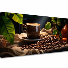 Moderní obraz na plátně s motivem Majstrovské Dielo Baristu, šálek kávy, příroda v béžovo-hnědých odstínech, útulná atmosféra, vhodný do kuchyně – hlavní