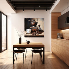 Vintage obraz na plátně s motivem Umelecký požitek, šálek kávy v bílo-béžových odstínech, teplá atmosféra, vhodný do kuchyně | Kávové obrazy do kuchyně Umelecký požitek – produkt