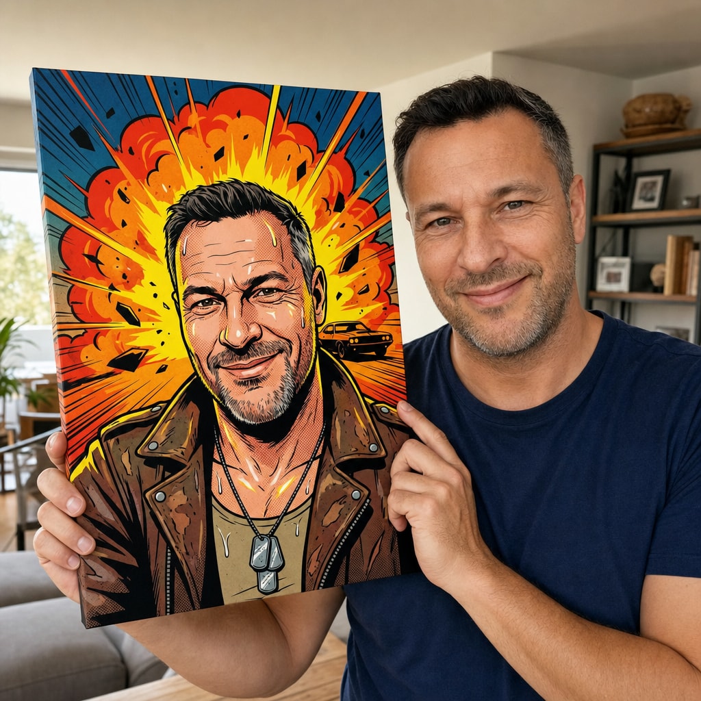 Muž drží svůj komiksový pop-art obraz z fotky vedle obličeje – věrná podoba jako akční hrdina, Papilora
