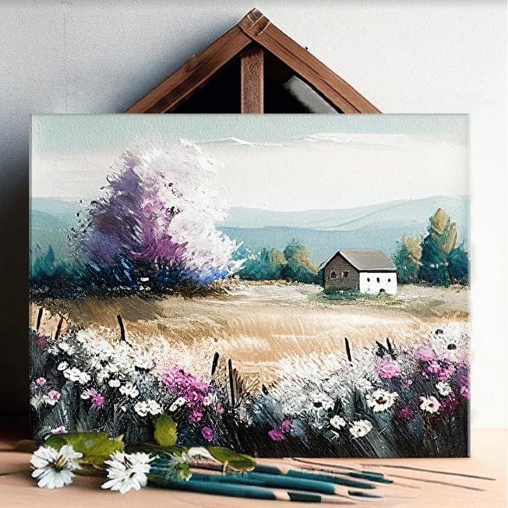 Detailní pohled na umělecký tisk odhaluje texturu a kompozici krajiny s fialovým stromem a domkem Papilora.
