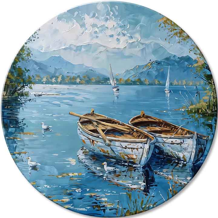 Ručně malovaný obraz na plátně s motivem Navždy spolu, jezero, hory v modro-zelených odstínech, klidná atmosféra, příroda | Kulaté obrazy s akrylom Navždy spolu – hlavní