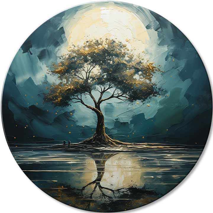 Ručně malovaný obraz na plátně s motivem Odlesky přírody, strom, měsíc, krajina, příroda v bílo-modrých odstínech, klidná atmosféra, vhodný do obývacího pokoje – hlavní