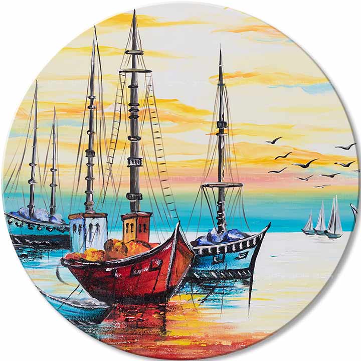 Pop art obraz na plátně s motivem oceán, obloha, krajina v modro-oranžových odstínech, klidná atmosféra, vhodný do kuchyně | Kulatý malovaný obraz Nekonečná krása – hlavní