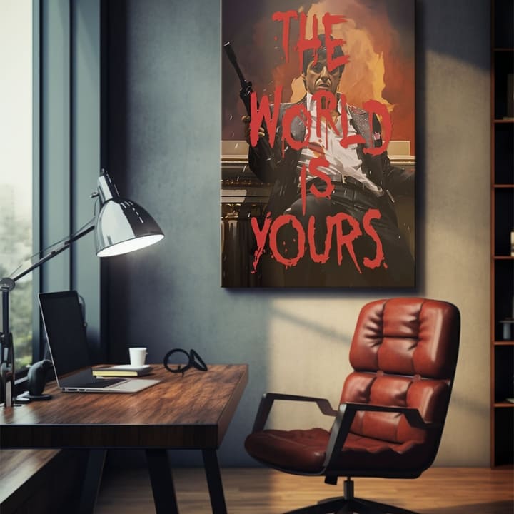 Obraz Tonyho Montany s puškou a nápisem „THE WORLD IS YOURS“ v červené barvě na pozadí ohně, visící v moderním interiéru nad dřevěnou konzolí s vázou a svíčkou Papilora.