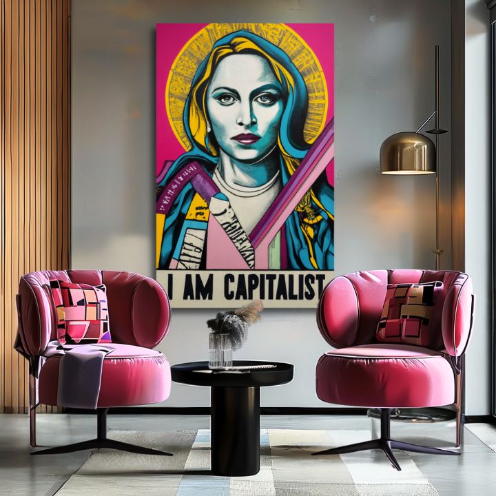 Obraz s pop-artovým portrétem ženy a nápisem 'I AM CAPITALIST' visí v moderním interiéru nad dřevěnou konzolí s vázou a svíčkou, Papilora.