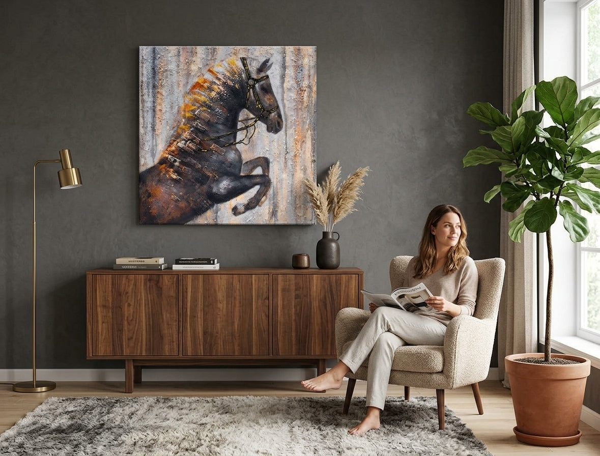 Malovaný obraz na zeď KŮŇ 80x80 cm – ručně malovaný obraz v elegantním interiéru (Mid-century warm) | wall mockup | premium canvas | Papilora.sk