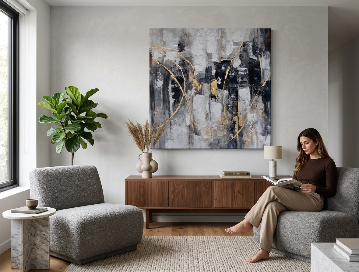 Malovaný obraz na zeď ABSTRAKT 80x80 cm – ručně malovaný obraz v elegantním interiéru (Golden hour luxe) | wall mockup | premium canvas | Papilora.sk