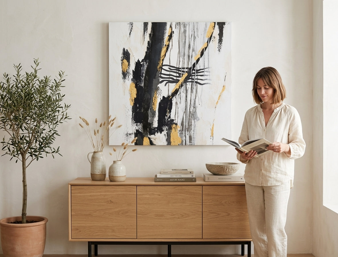 Malovaný obraz na zeď ABSTRAKT 60x60 cm – ručně malovaný obraz v elegantním interiéru (Modern coastal) | wall mockup | premium canvas | Papilora.sk
