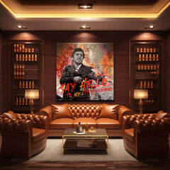 Pop art obraz na plátně s motivem Say hello to my little friend, krajina v oranžovo-červených odstínech, filmový svět | Scarface obraz na plátně Say hello to my little friend – produkt