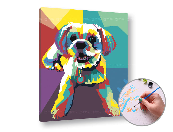 Plátno s barevným pop-art portrétem psa s viditelným dřevěným rámem, připravené k zavěšení, Papilora.