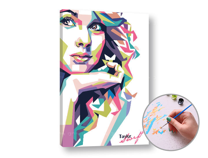 Umělecký tisk na plátně s portrétem Taylor Swift v pop-art stylu s výraznými barvami, viditelný na dřevěném rámu, Papilora.