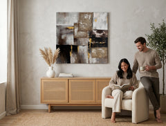 Malovaný obraz na zeď ABSTRAKT 70x70 cm – ručně malovaný obraz v elegantním interiéru (Mid-century warm) | wall mockup | premium canvas | Papilora.sk