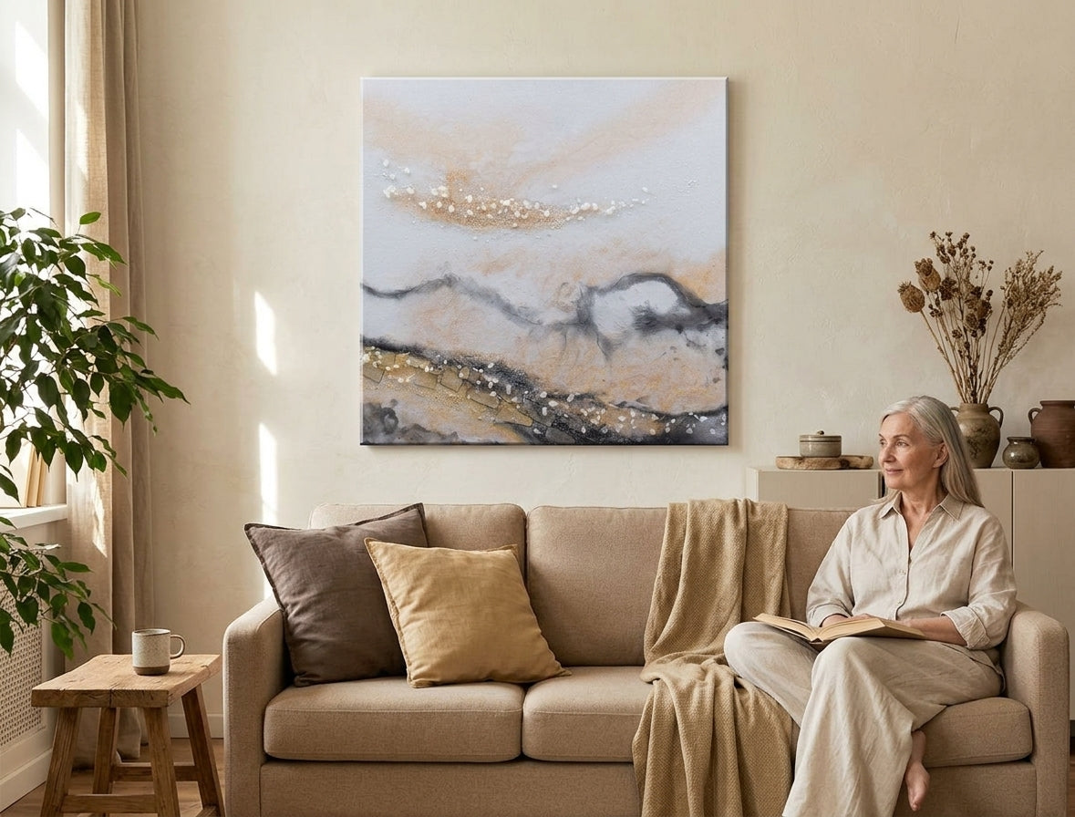 Malovaný obraz na zeď ABSTRAKT 70x70 cm – ručně malovaný obraz v elegantním interiéru (Window reading) | wall mockup | premium canvas | Papilora.sk
