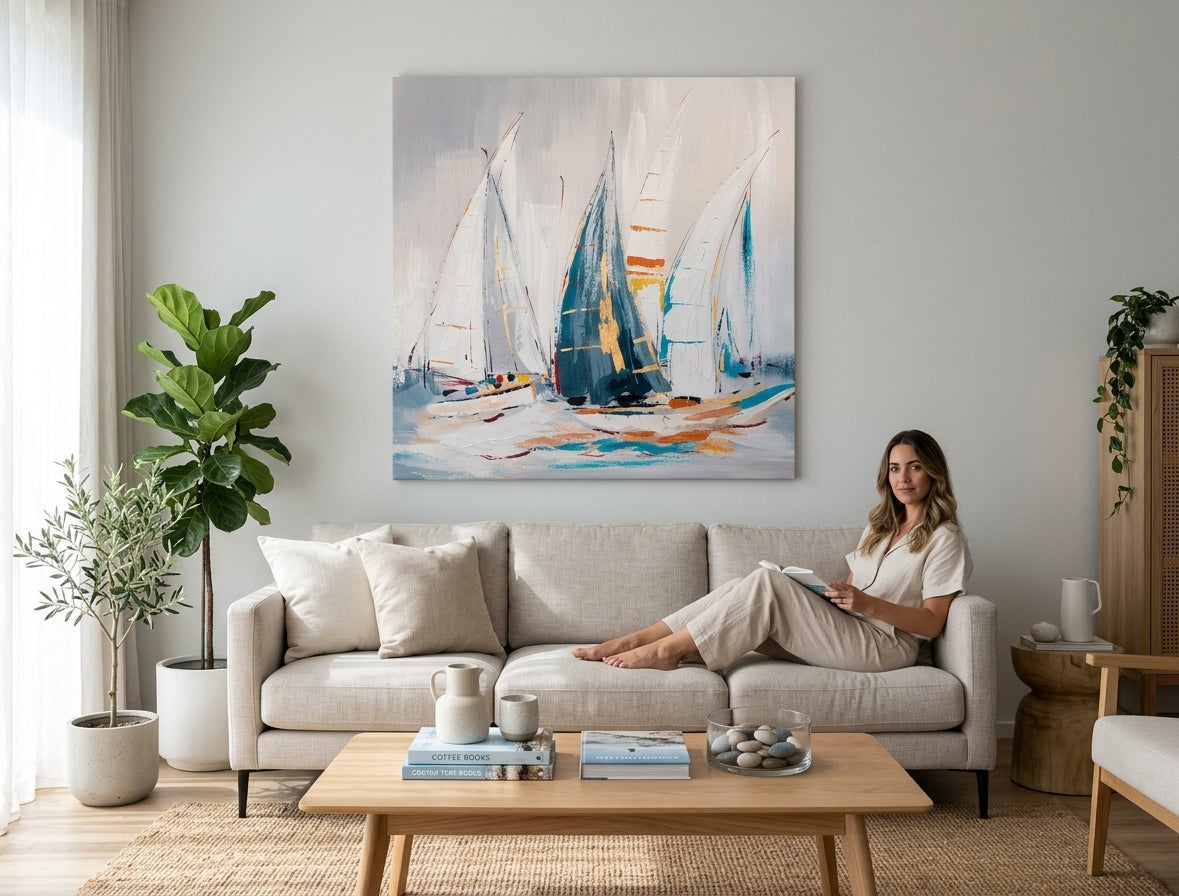 Malovaný obraz na zeď ABSTRAKT 80x80 cm – ručně malovaný obraz v elegantním interiéru (Scandi cream) | wall mockup | premium canvas | Papilora.sk
