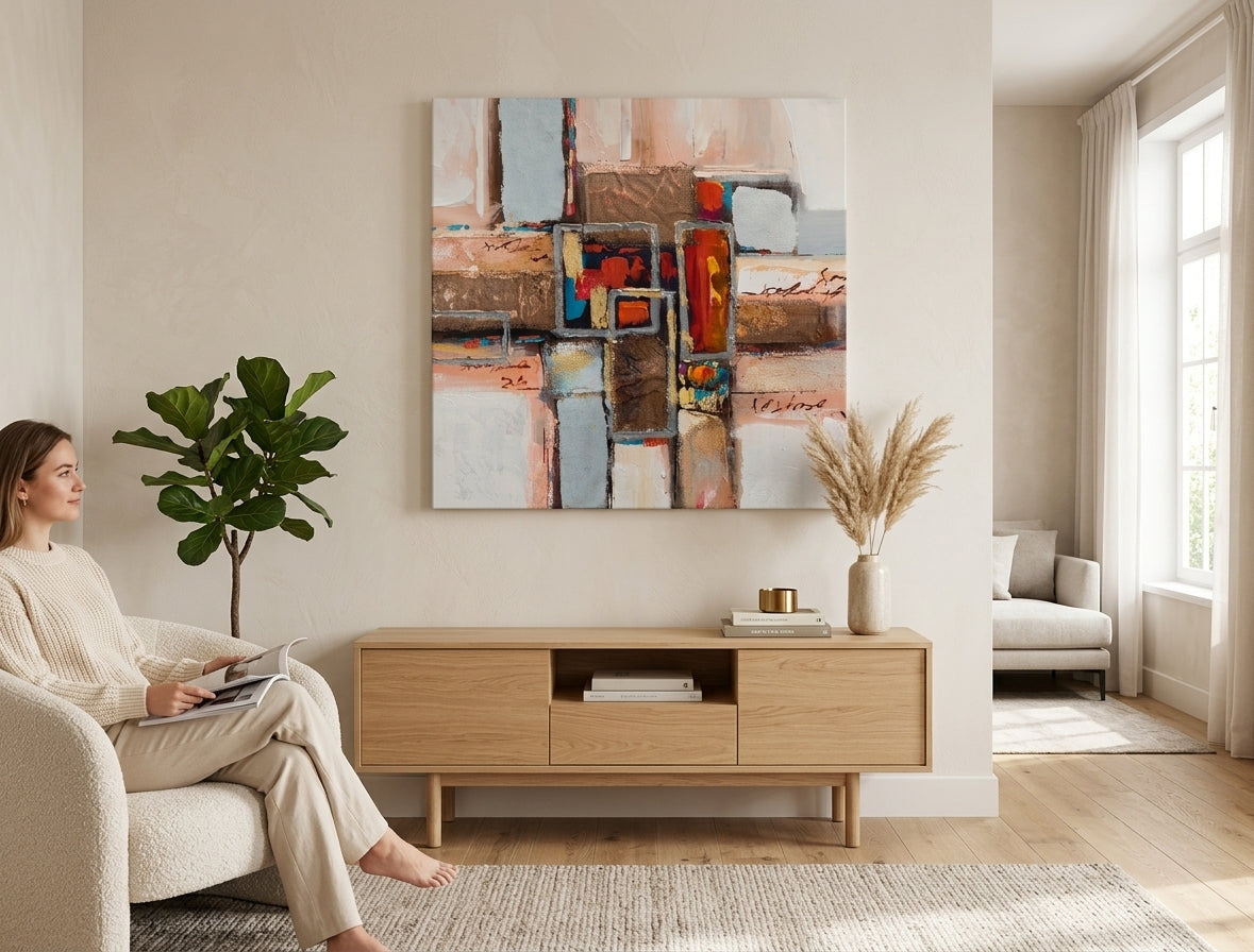 Malovaný obraz na zeď ABSTRAKT 70x70 cm – ručně malovaný obraz v elegantním interiéru (Scandi cream) | wall mockup | premium canvas | Papilora.sk