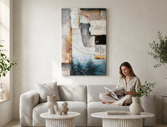 Malovaný obraz na zeď ABSTRAKT 80x120 cm – ručně malovaný obraz v elegantním interiéru (Scandi cream) | wall mockup | premium canvas | Papilora.sk