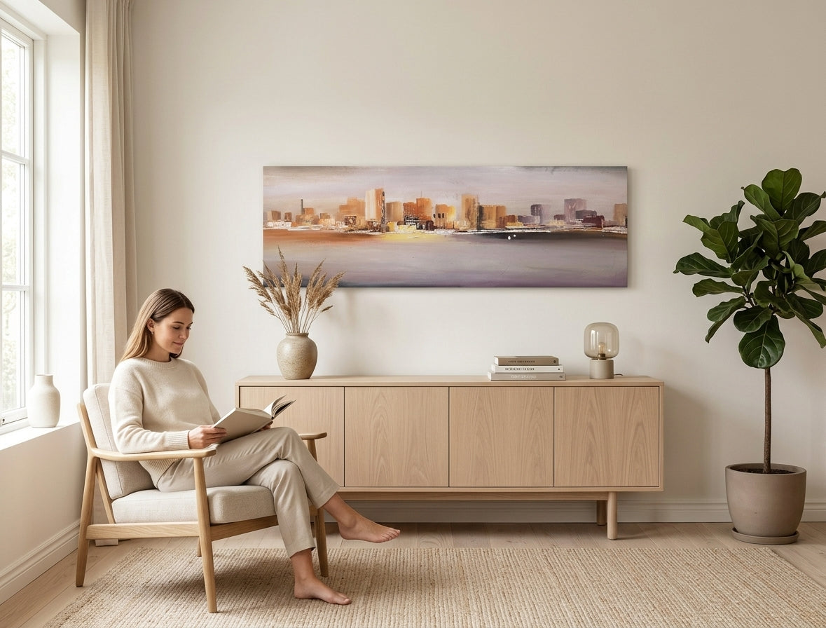 Malovaný obraz na zeď MĚSTO 120x40 cm – ručně malovaný obraz v elegantním interiéru (Window reading) | wall mockup | premium canvas | Papilora.sk