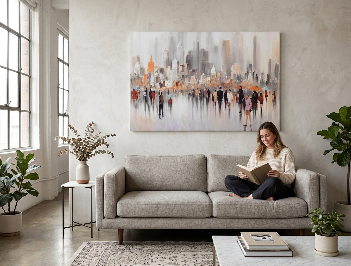 Malovaný obraz na zeď MĚSTO 120x80 cm – ručně malovaný obraz v elegantním interiéru (Mid-century warm) | wall mockup | premium canvas | Papilora.sk