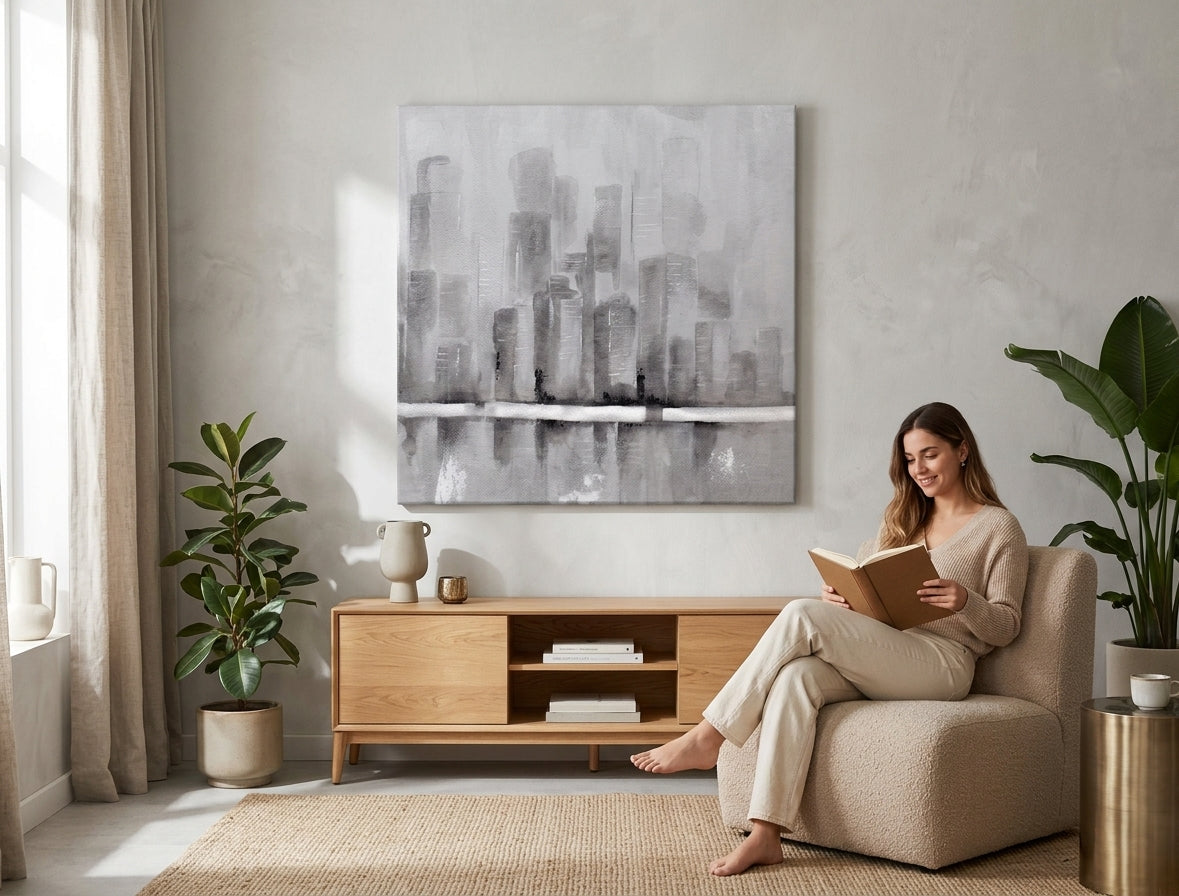 Malovaný obraz na zeď MESTO 75x75 cm – ručně malovaný obraz v elegantním interiéru (Scandi cream) | wall mockup | premium canvas | Papilora.sk