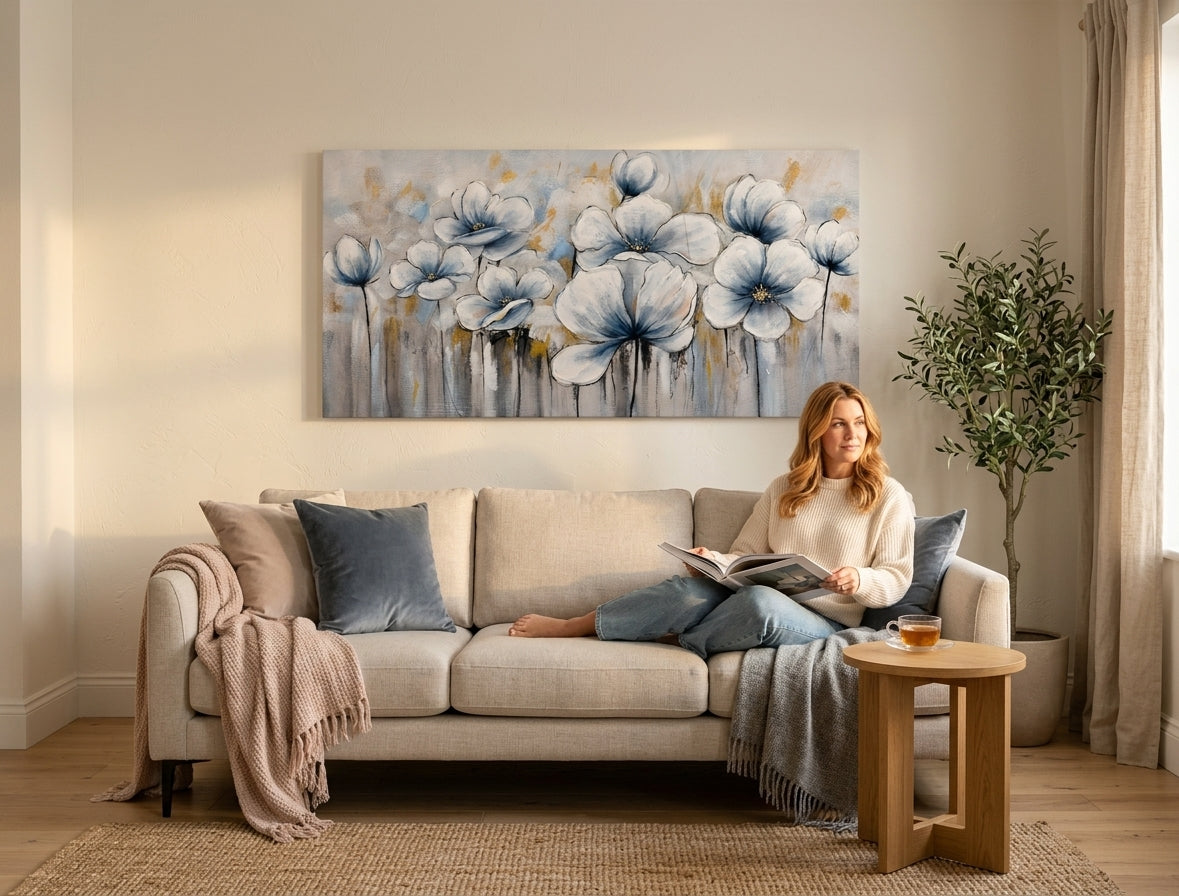 Malovaný obraz na zeď KVĚTY 100x50 cm – ručně malovaný obraz v elegantním interiéru (Scandi cream) | wall mockup | premium canvas | Papilora.sk
