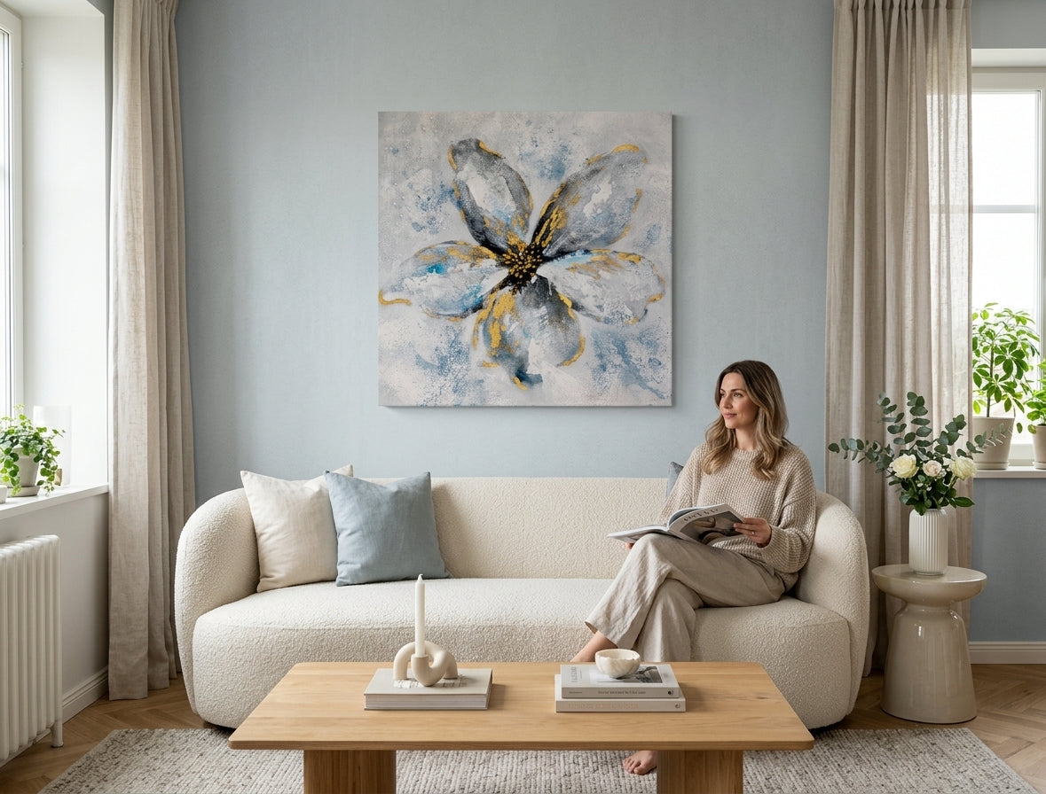 Malovaný obraz na zeď KVĚTY 50x50 cm – ručně malovaný obraz v elegantním interiéru (Mid-century warm) | wall mockup | premium canvas | Papilora.sk
