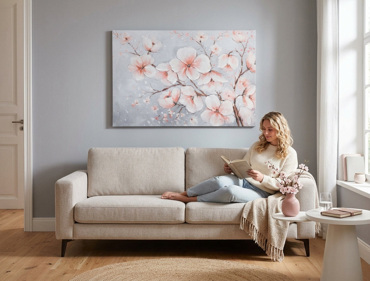 Malovaný obraz na zeď KVĚTY 90x60 cm – ručně malovaný obraz v elegantním interiéru (Window reading) | wall mockup | premium canvas | Papilora.sk