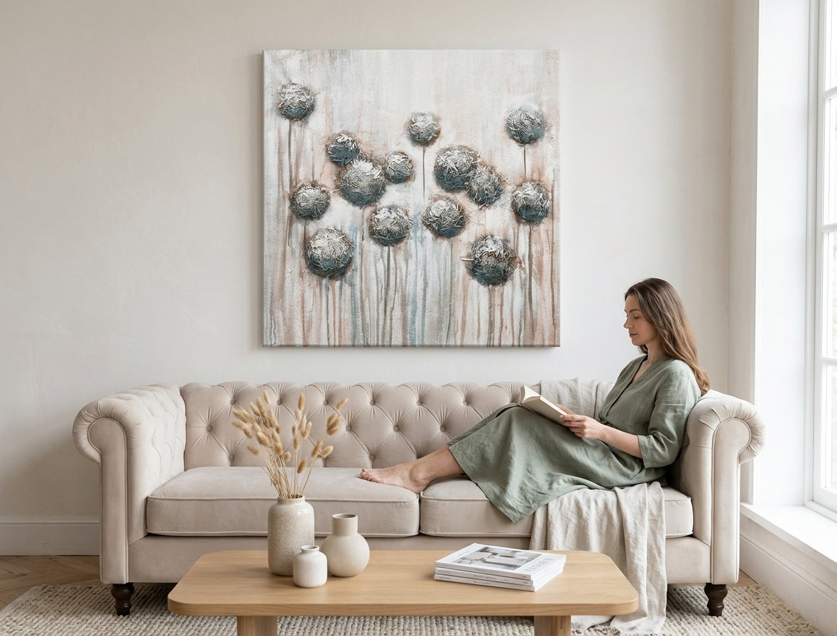 Malovaný obraz na zeď KVĚTY 70x70 cm – ručně malovaný obraz v elegantním interiéru (Mid-century warm) | wall mockup | premium canvas | Papilora.sk