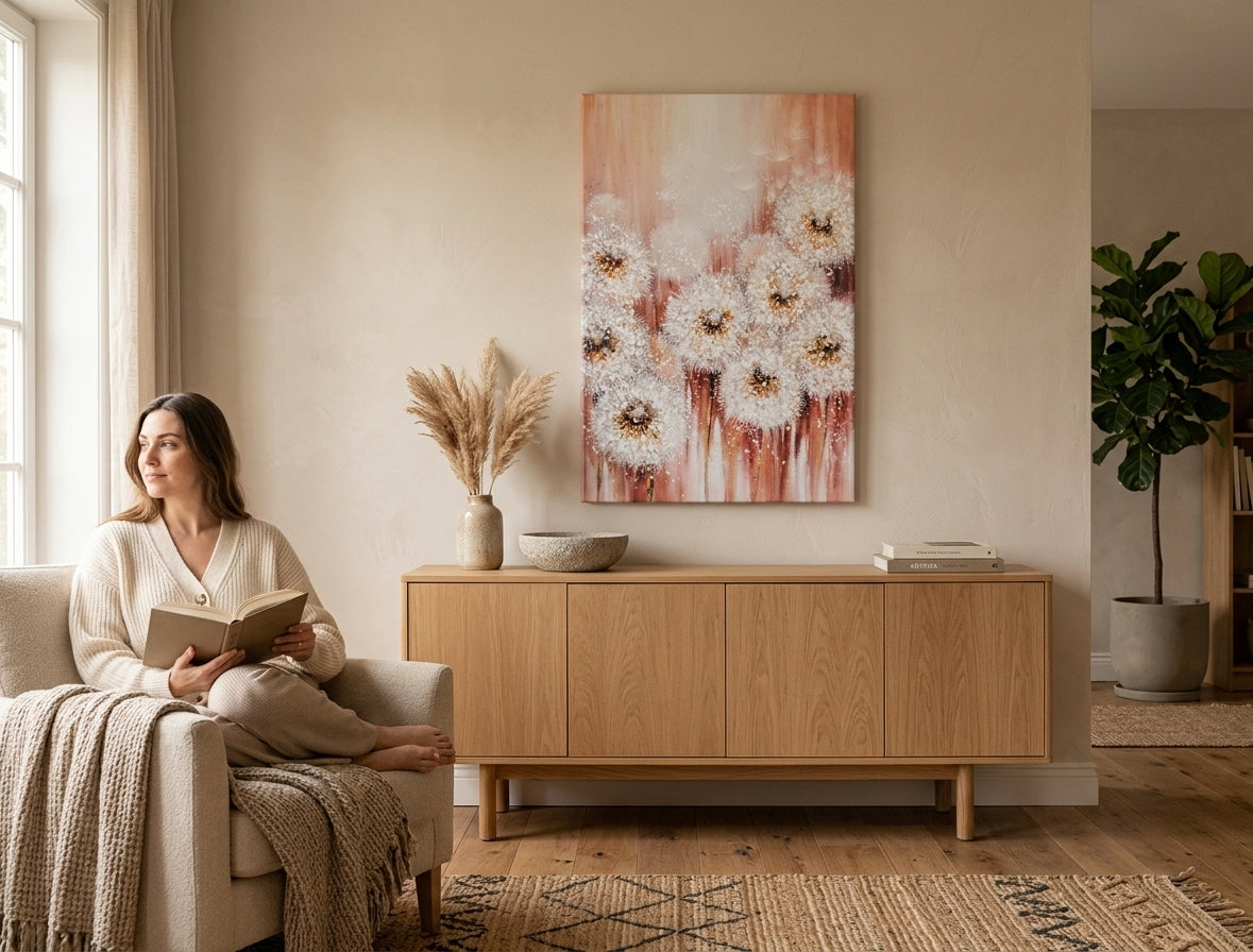 Malovaný obraz na zeď KVĚTY 60x90 cm – ručně malovaný obraz v elegantním interiéru (Bohemian warm) | wall mockup | premium canvas | Papilora.sk