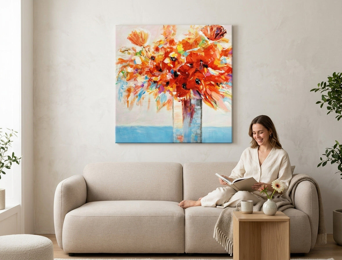 Malovaný obraz na zeď KVĚTY VE VÁZE 70x70 cm – ručně malovaný obraz v elegantním interiéru (Bohemian warm) | wall mockup | premium canvas | Papilora.sk
