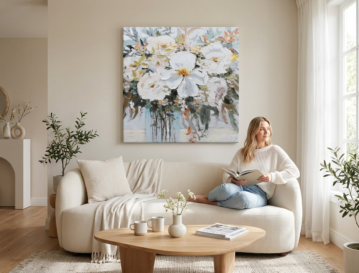 Malovaný obraz na zeď KVĚTY VE VÁZE 70x70 cm – ručně malovaný obraz v elegantním interiéru (Modern coastal) | wall mockup | premium canvas | Papilora.sk
