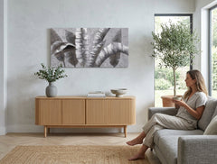 Malovaný obraz na zeď LISTY 100x50 cm – ručně malovaný obraz v elegantním interiéru (Bohemian warm) | wall mockup | premium canvas | Papilora.sk