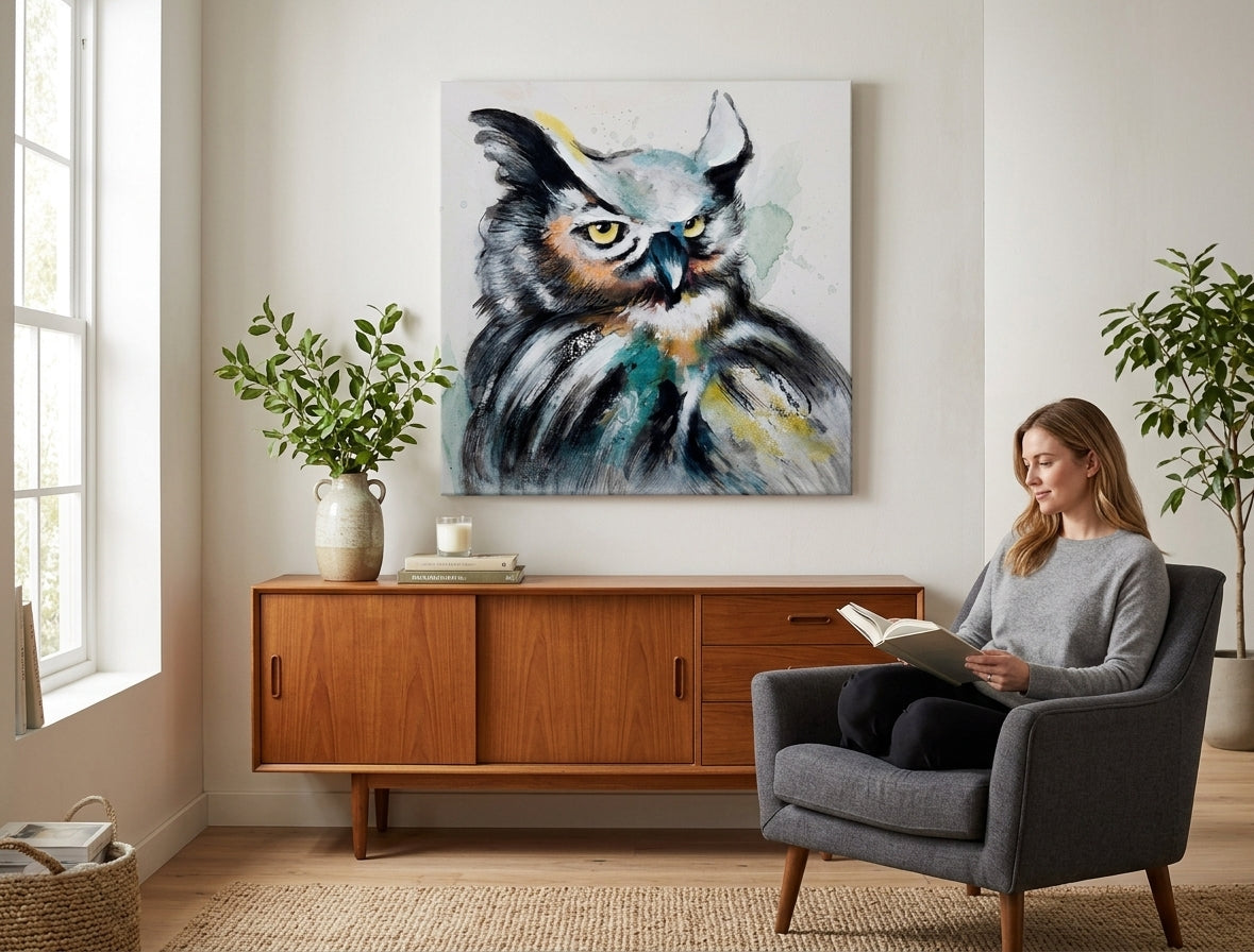 Malovaný obraz na zeď SOVA 60x60 cm – ručně malovaný obraz v elegantním interiéru (Bohemian warm) | wall mockup | premium canvas | Papilora.sk