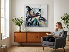 Malovaný obraz na zeď SOVA 60x60 cm – ručně malovaný obraz v elegantním interiéru (Bohemian warm) | wall mockup | premium canvas | Papilora.sk
