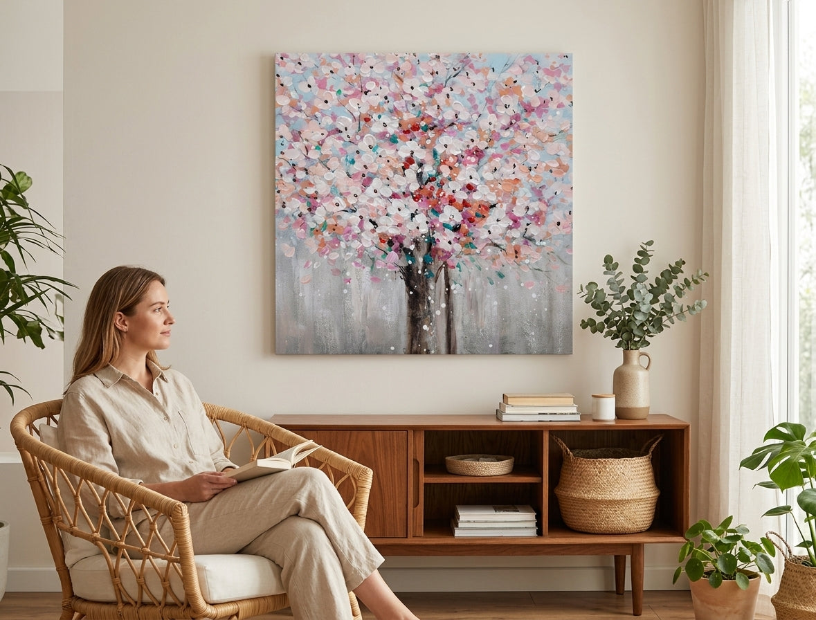 Malovaný obraz na zeď STROM 60x60 cm – ručně malovaný obraz v elegantním interiéru (Modern coastal) | wall mockup | premium canvas | Papilora.sk